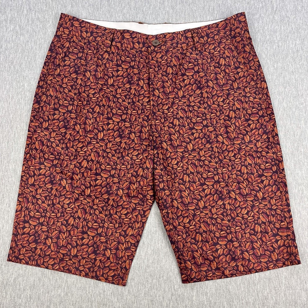 HRESKI Shorts Mens 34 Brown Coffee Bean Pattern 11" Inseam Chinos Golf Bermuda